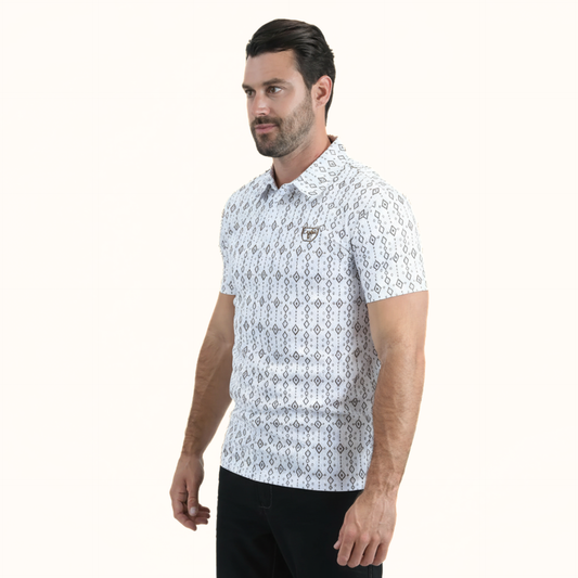 Platini Men’s Performance Fabric Modern Fit Stretch Aztec Print White Polo angle view