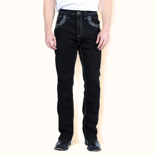 Platini Holt men’s black slim boot cut jeans full-length front view