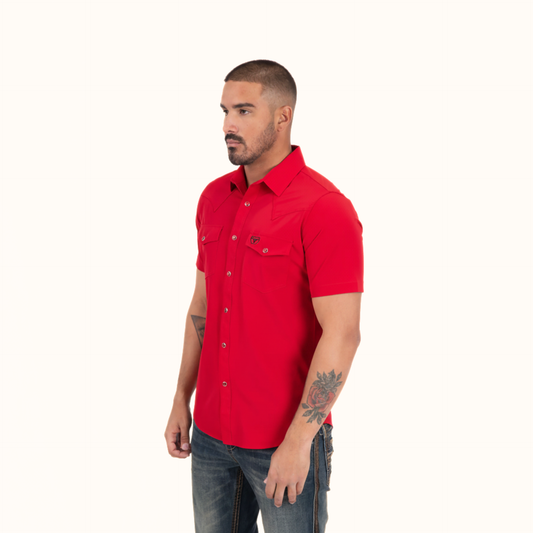 Platini Men’s Performance Western Short Sleeve Red Shirt side view on model