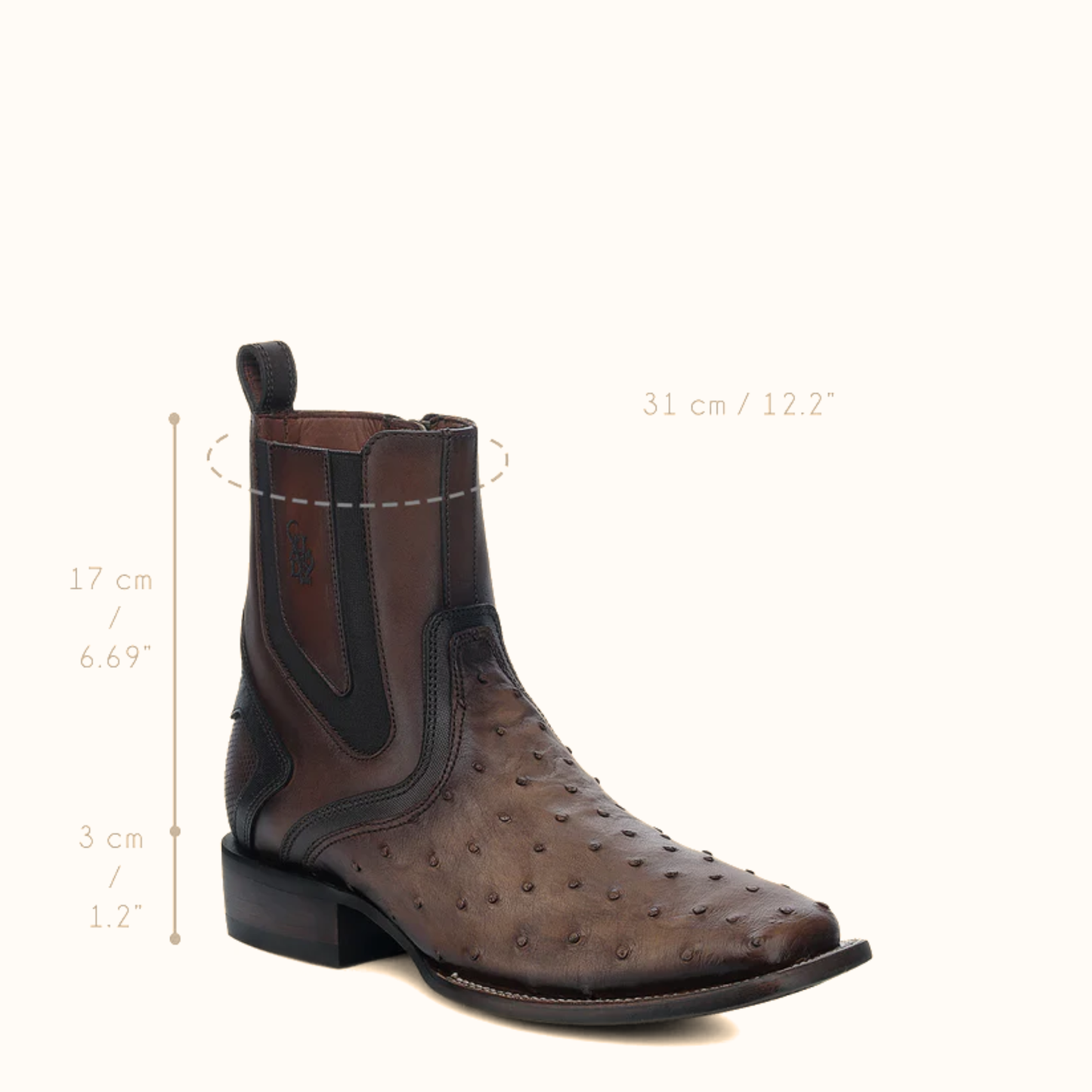 Cuadra Brown Ostrich Square Toe Chelsea Boots angle view with dimensions