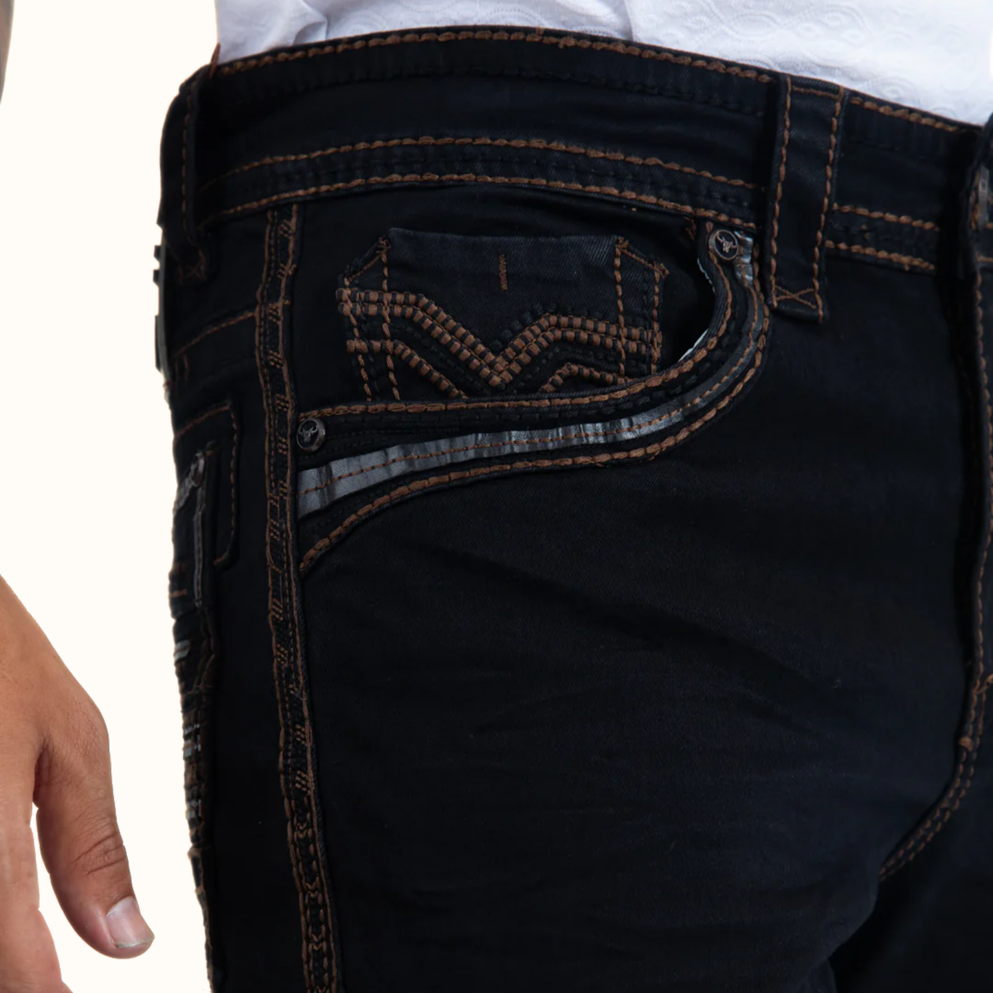 Close-up of front pocket detail on Platini Holt Men’s Black Slim Boot Cut Jeans