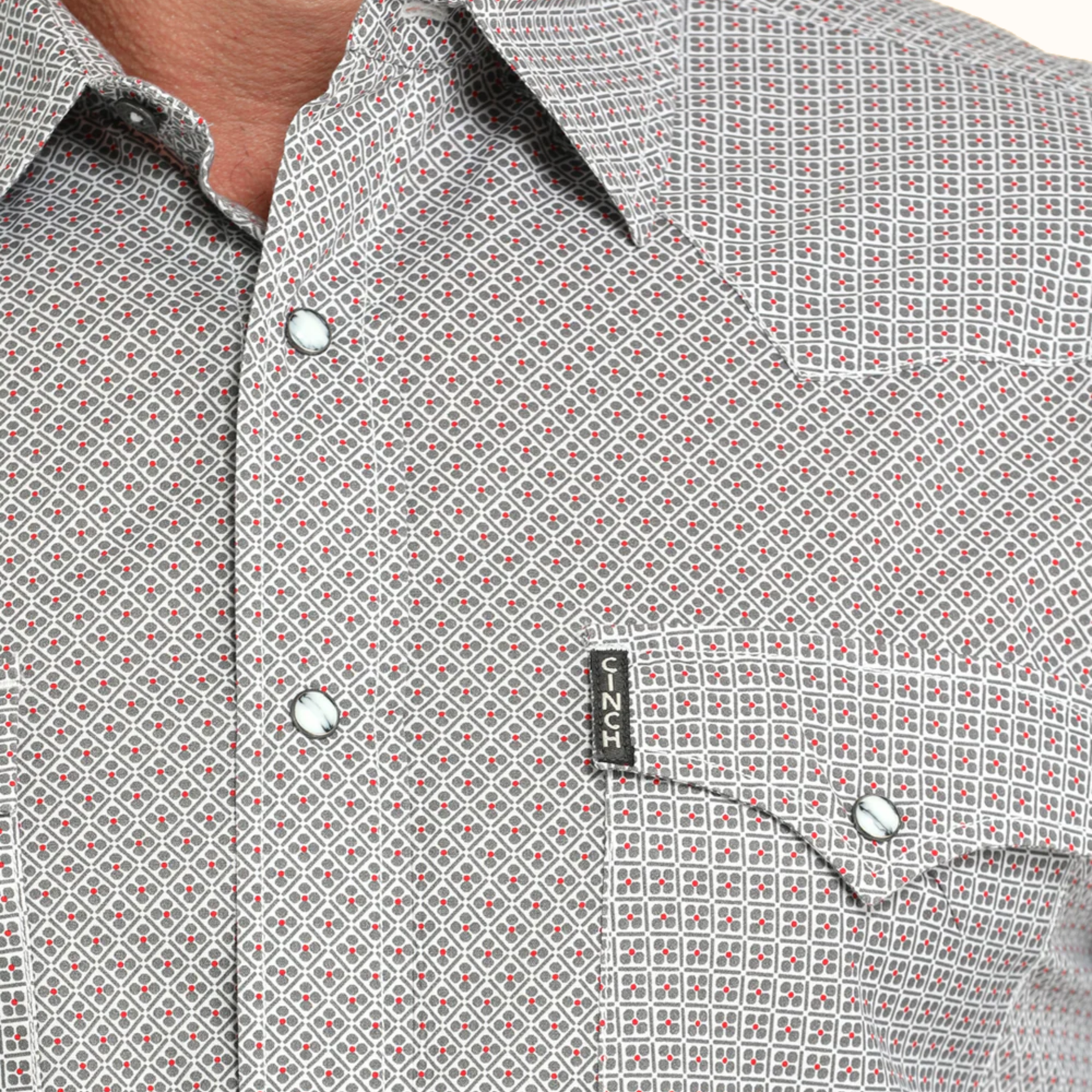 Close-up view of Cinch Modern Fit Snap Front Western Shirt chest pocket and snap details