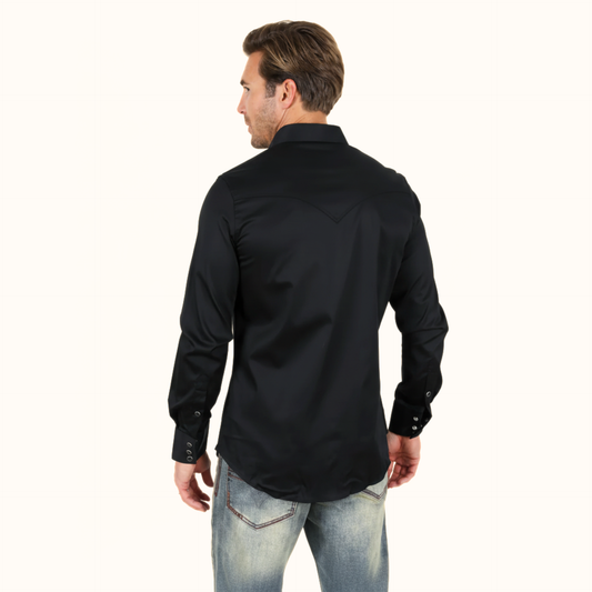 Back view of Platini Men’s Modern Fit Solid Black Dress Shirt