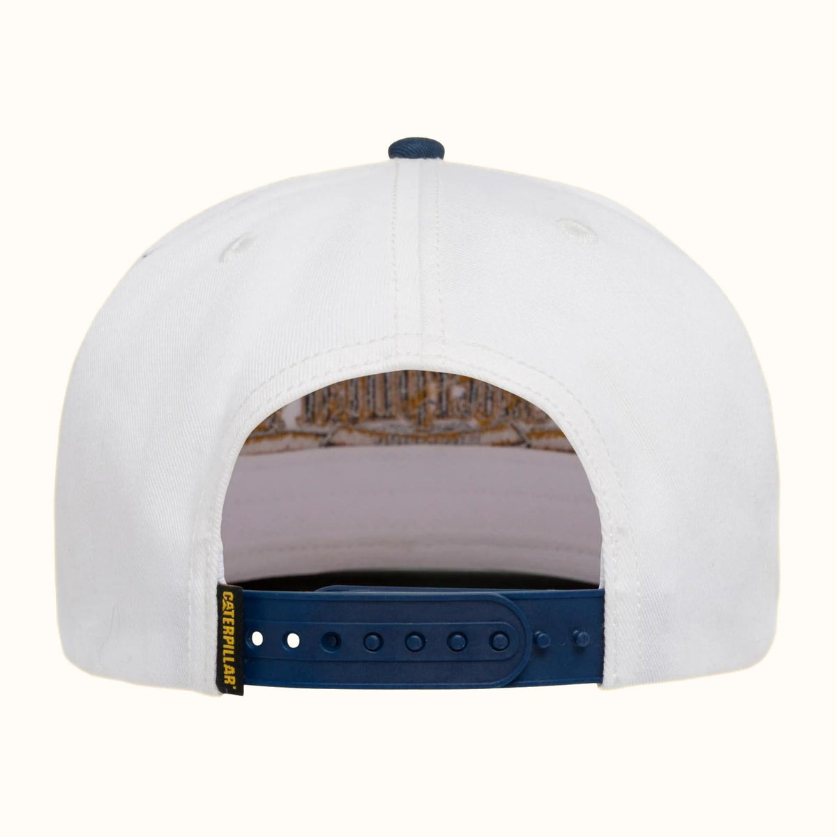 CAT Danny Diesel Flat Bill Cap white rear view with navy adjustable snapback closure