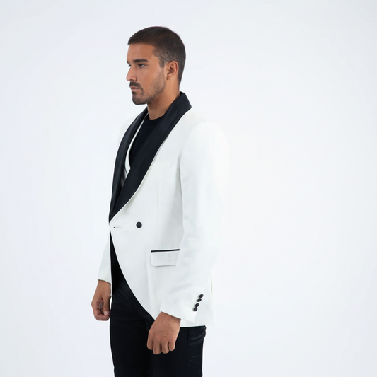 Men Double-Breasted Shawl Lapel Tuxedo Blazer & Vest - White/Black