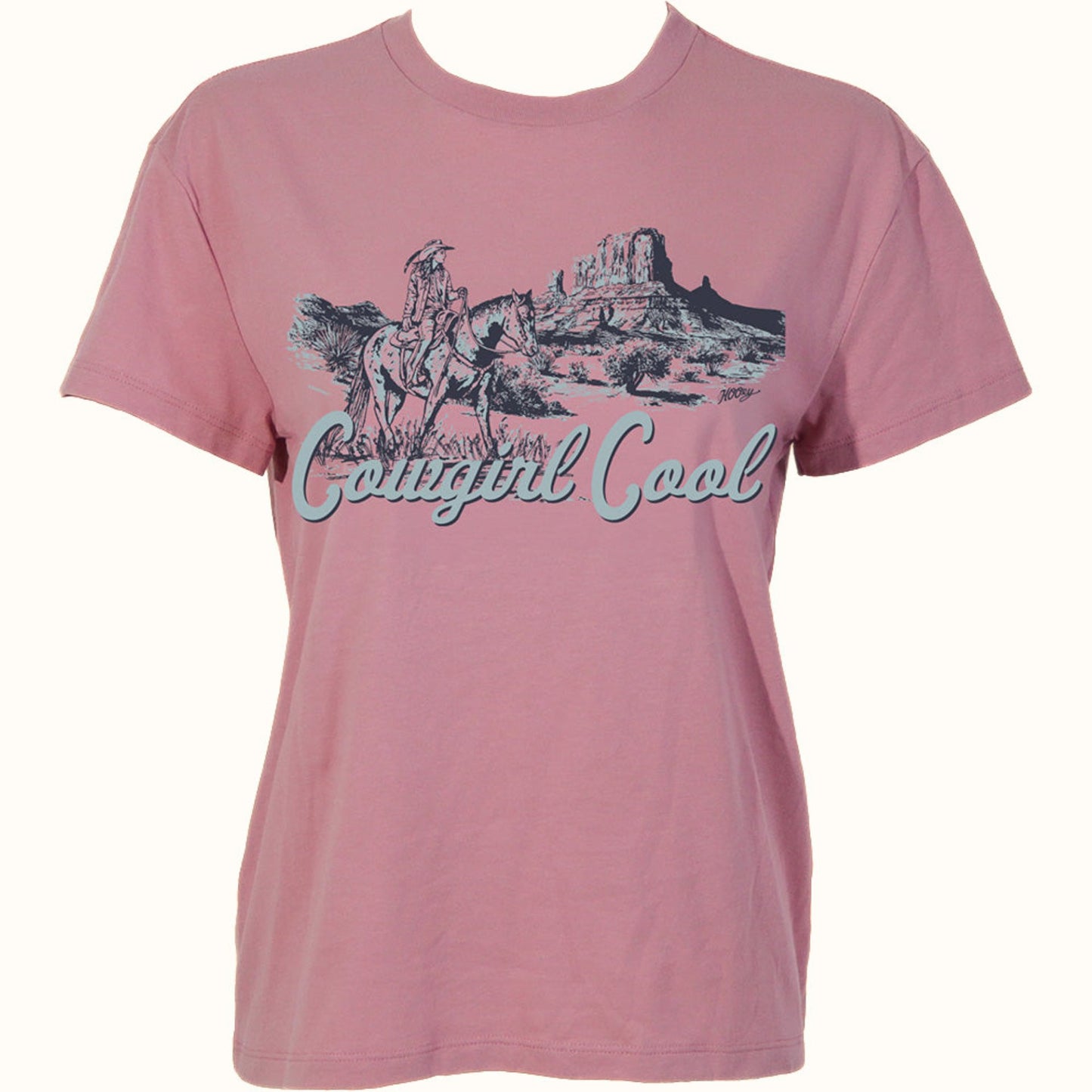 Hooey Cowgirl Cool Pink T-Shirt front view in pink with black and blue graphic logo