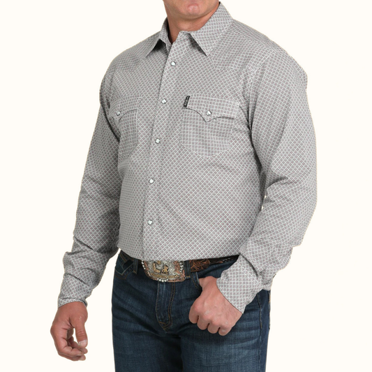 Angled front view of Cinch Modern Fit Snap Front Western Shirt on model