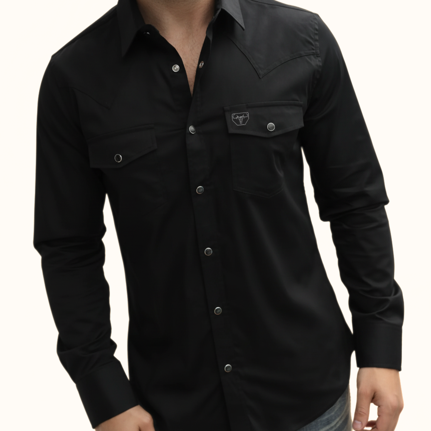 Detailed front view of Platini Men’s Modern Fit Solid Black Dress Shirt