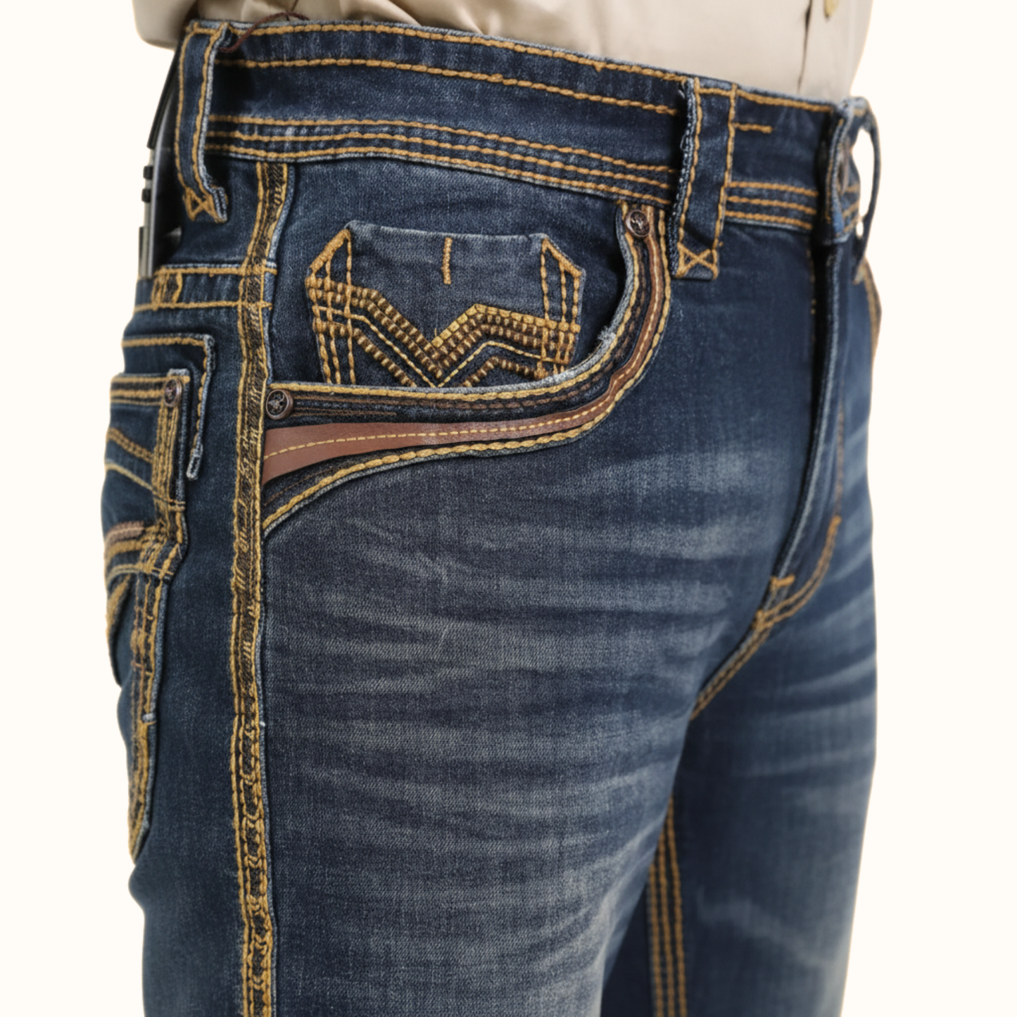Close-up back pocket stitching on Platini Holt Men’s Dark Stone Slim Boot Cut Jeans
