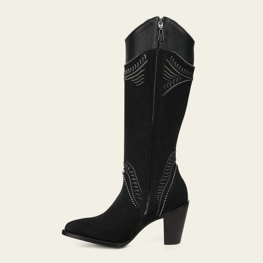 Angled side profile of Cuadra Black Embroider Zipper Round Toe Boot in black leather