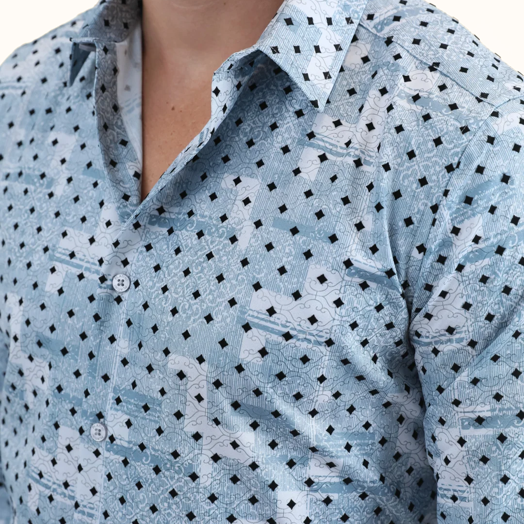 Platini Abstract Patchwork Modern Shirt in blue front close-up view