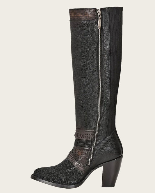 Side profile view of Cuadra Tall Black Stingray Boot