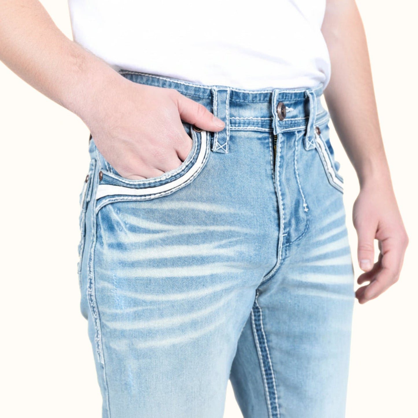 Front pocket detail of Platini Light Blue boot cut jeans