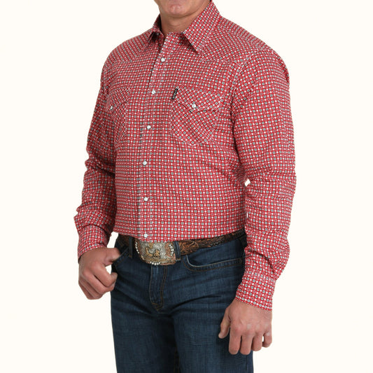 Front view of Cinch Long Sleeve Print Modern Shirt in red on model