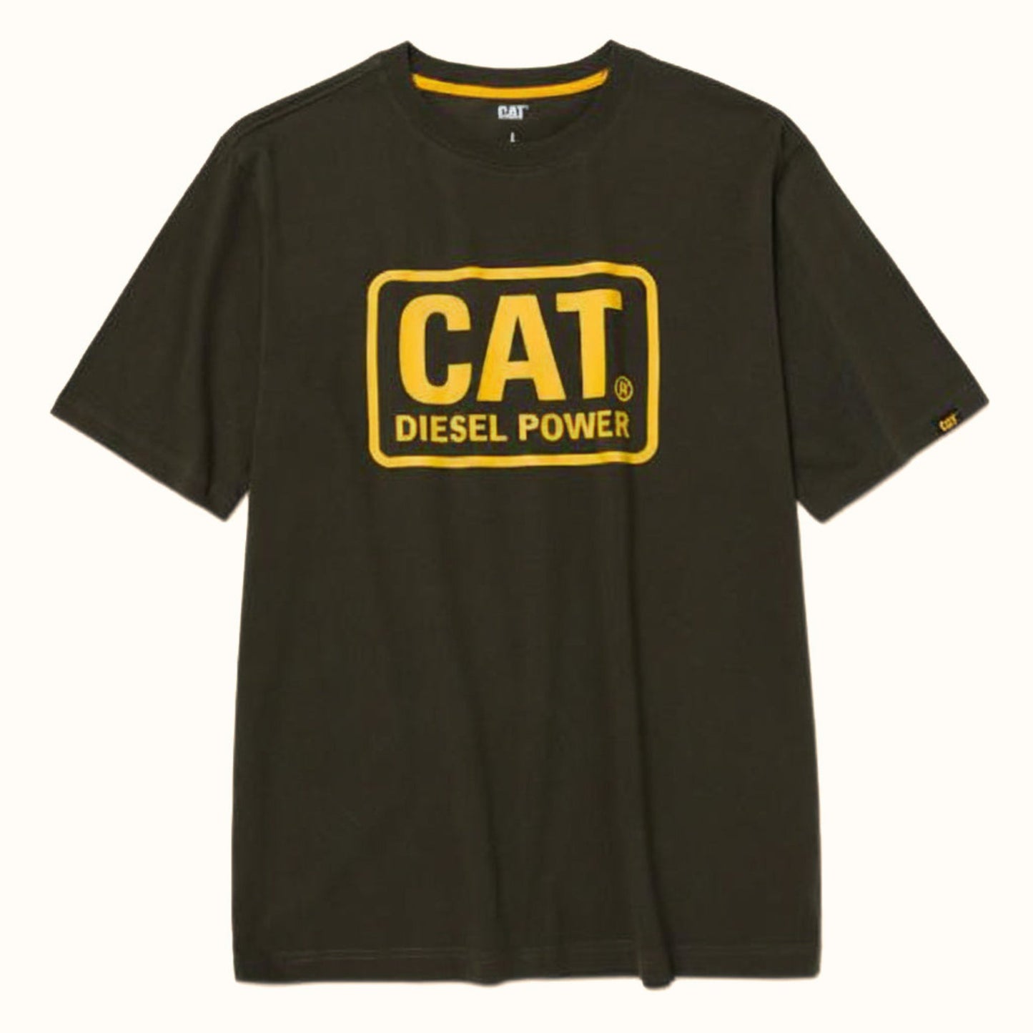 CAT Diesel Army Moss Power Short Sleeve T-Shirt front view in army moss with yellow CAT logo