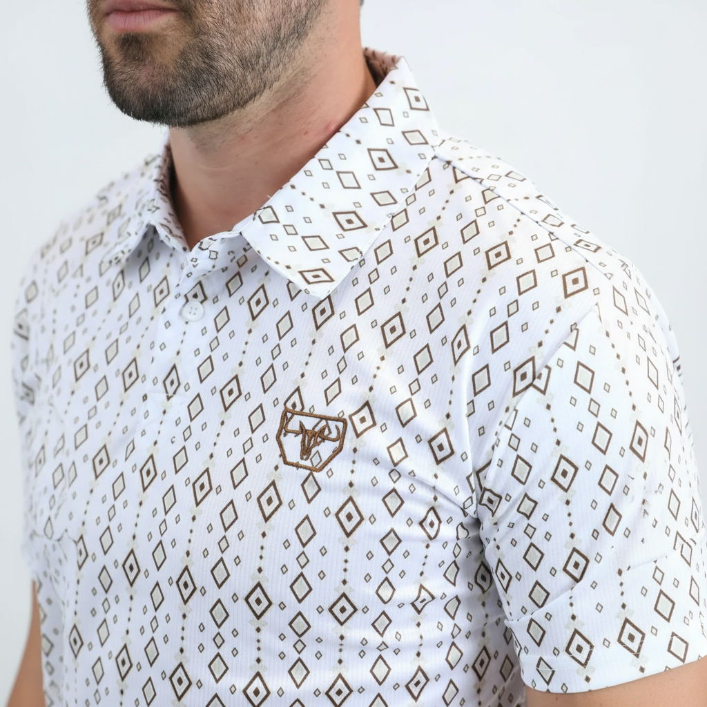Platini Men’s Performance Fabric Modern Fit Stretch Aztec Print White Polo print detail