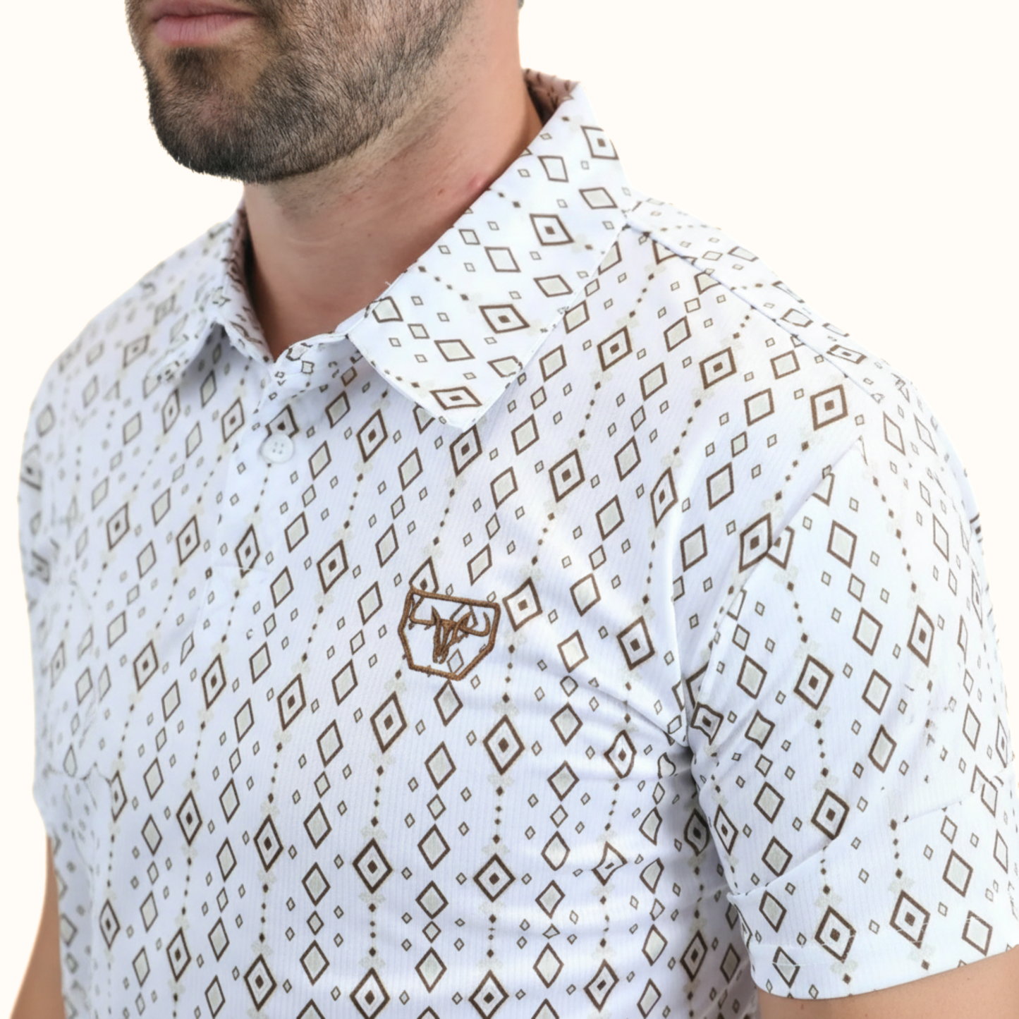 Platini Men’s Performance Fabric Modern Fit Stretch Aztec Print White Polo print detail