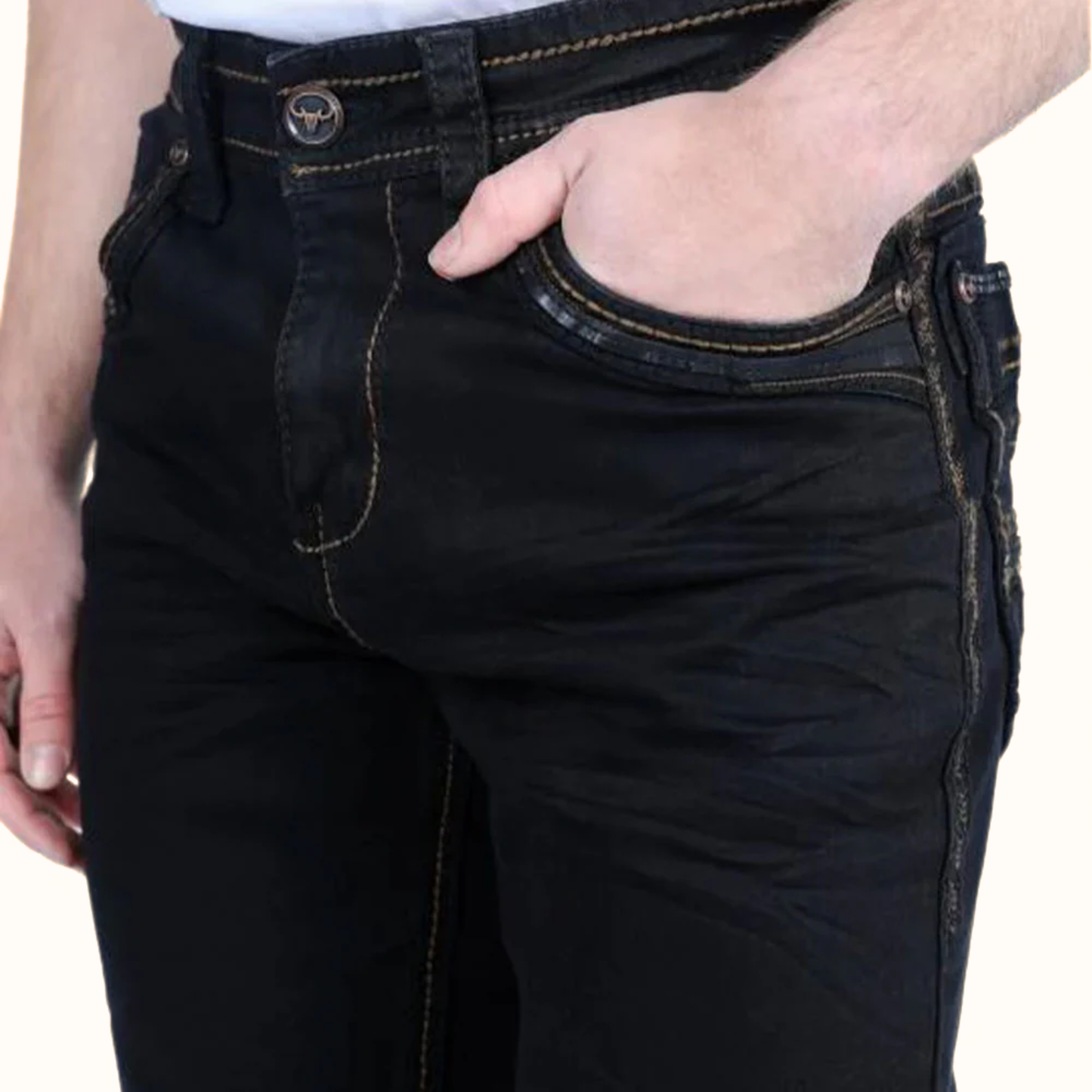 Front pocket detail of Platini Black boot cut jeans