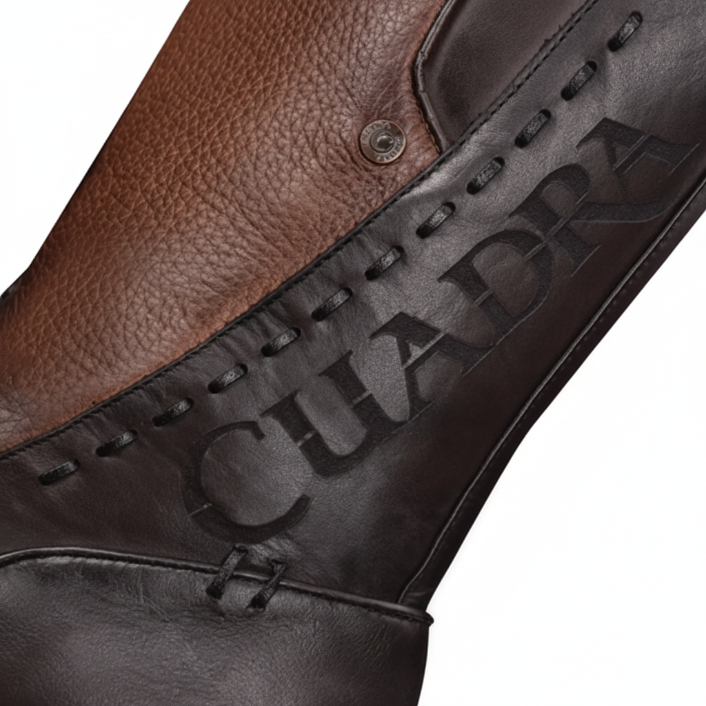 Close-up view of Cuadra Maple Deer Laser & Woven Round Boot laser-etched and woven leather detail