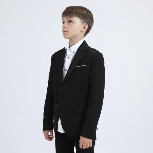 Platini Boys Double Button Black Faux-Suede Blazer angled front view