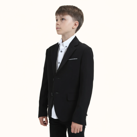 Platini Boys Double Button Black Faux-Suede Blazer angled front view