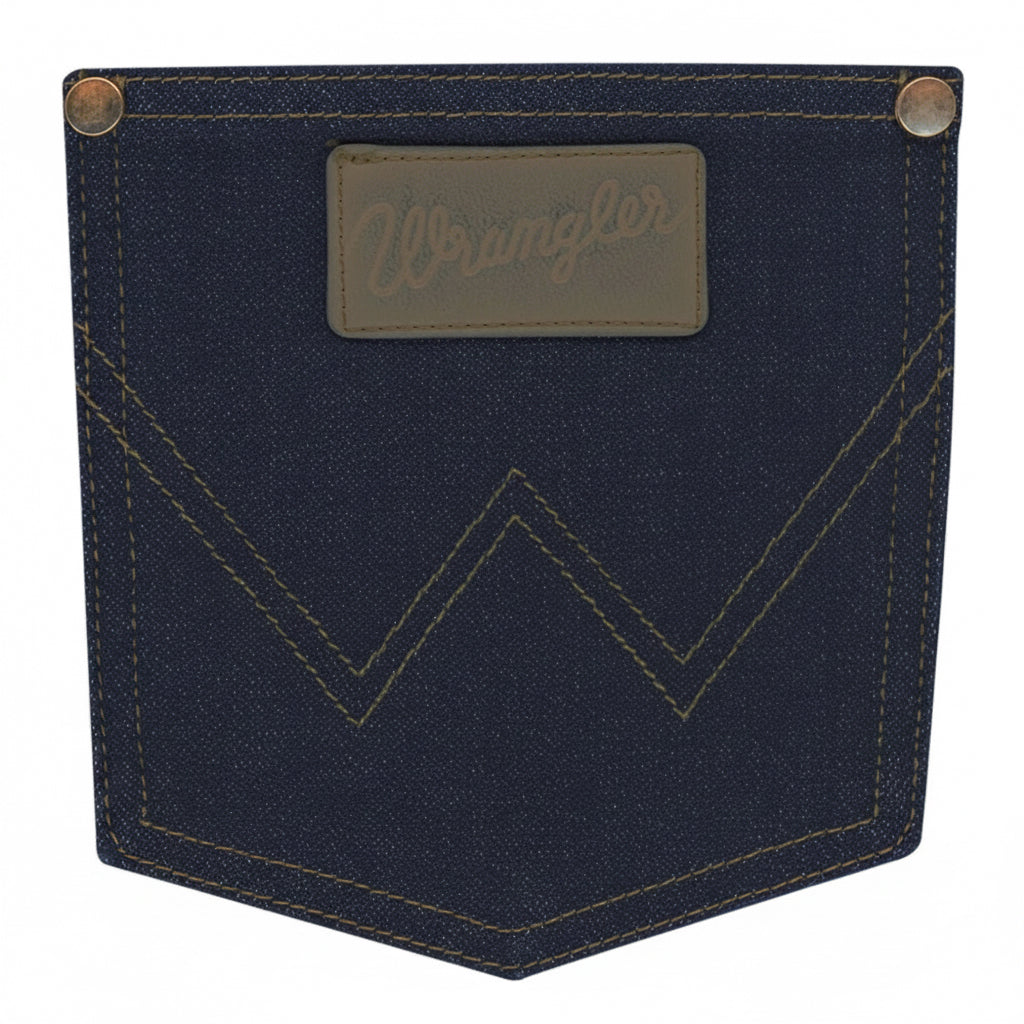 Close-up of back pocket detail on Wrangler Cowboy Cut Original Fit Active Flex Jeans
