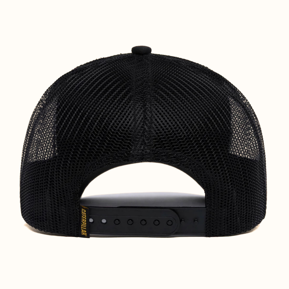 CAT Topo black trucker cap with mesh back and adjustable snapback rear view