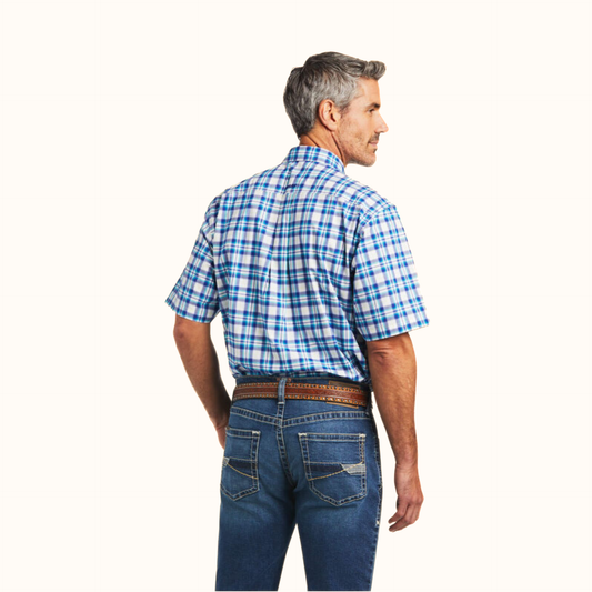 Ariat Pro Series Isai Stretch Classic Fit Shirt back view in blue plaid