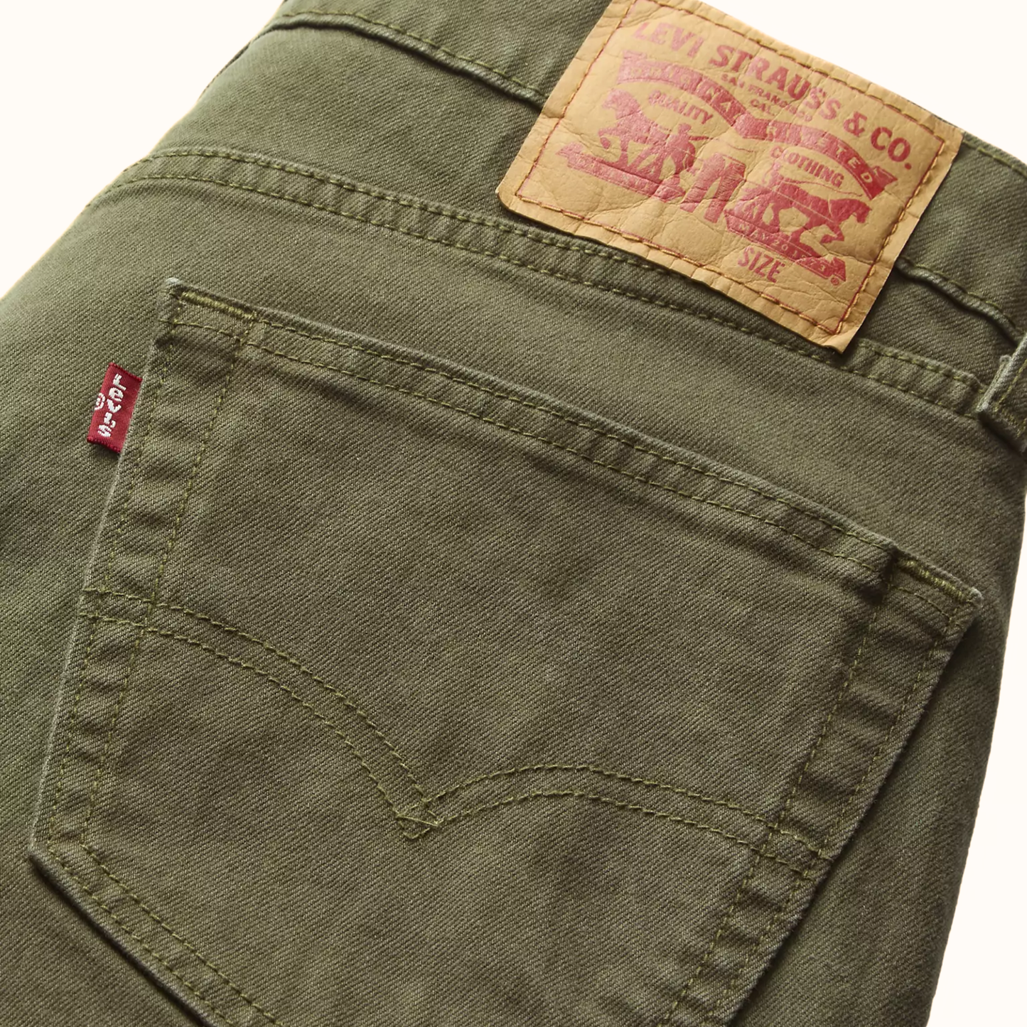 Close-up view of Levi’s leather back patch on 505 Regular Men’s Jeans