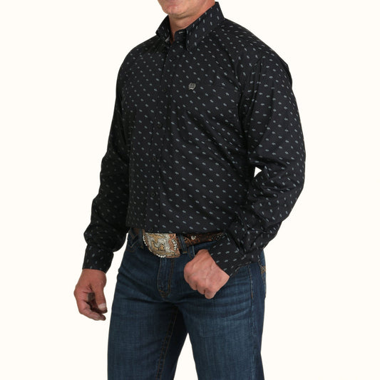 Angled view of Cinch Black Print Button Down Shirt