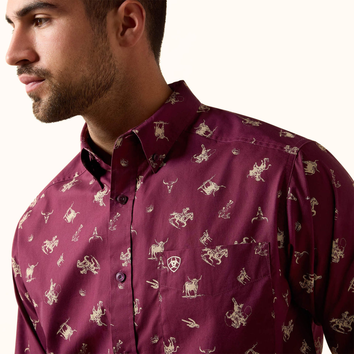 Ariat Canaan Classic Fit Shirt burgundy Western print front close-up view