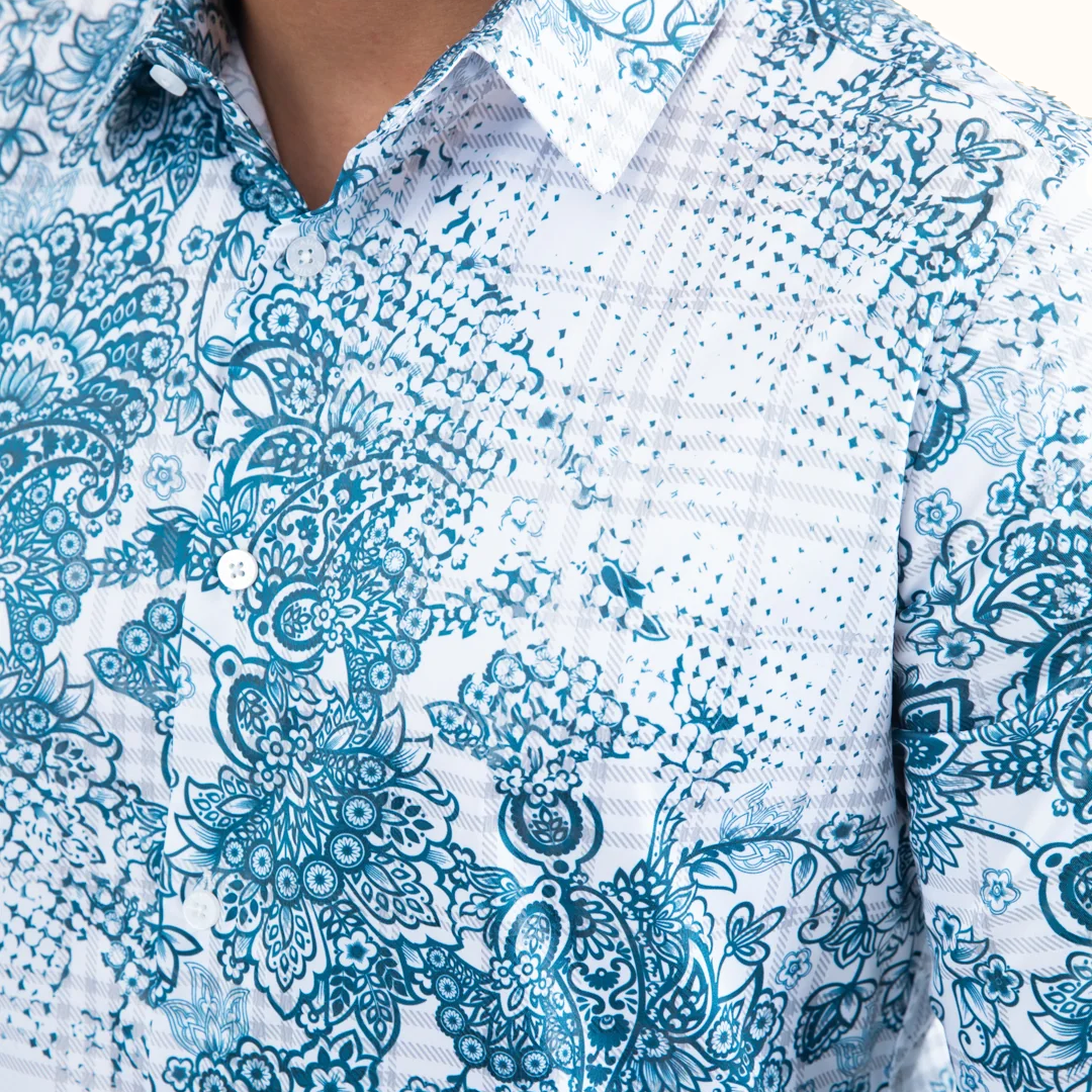 Platini Depth Geometric Foil Shirt in white and blue front close-up view