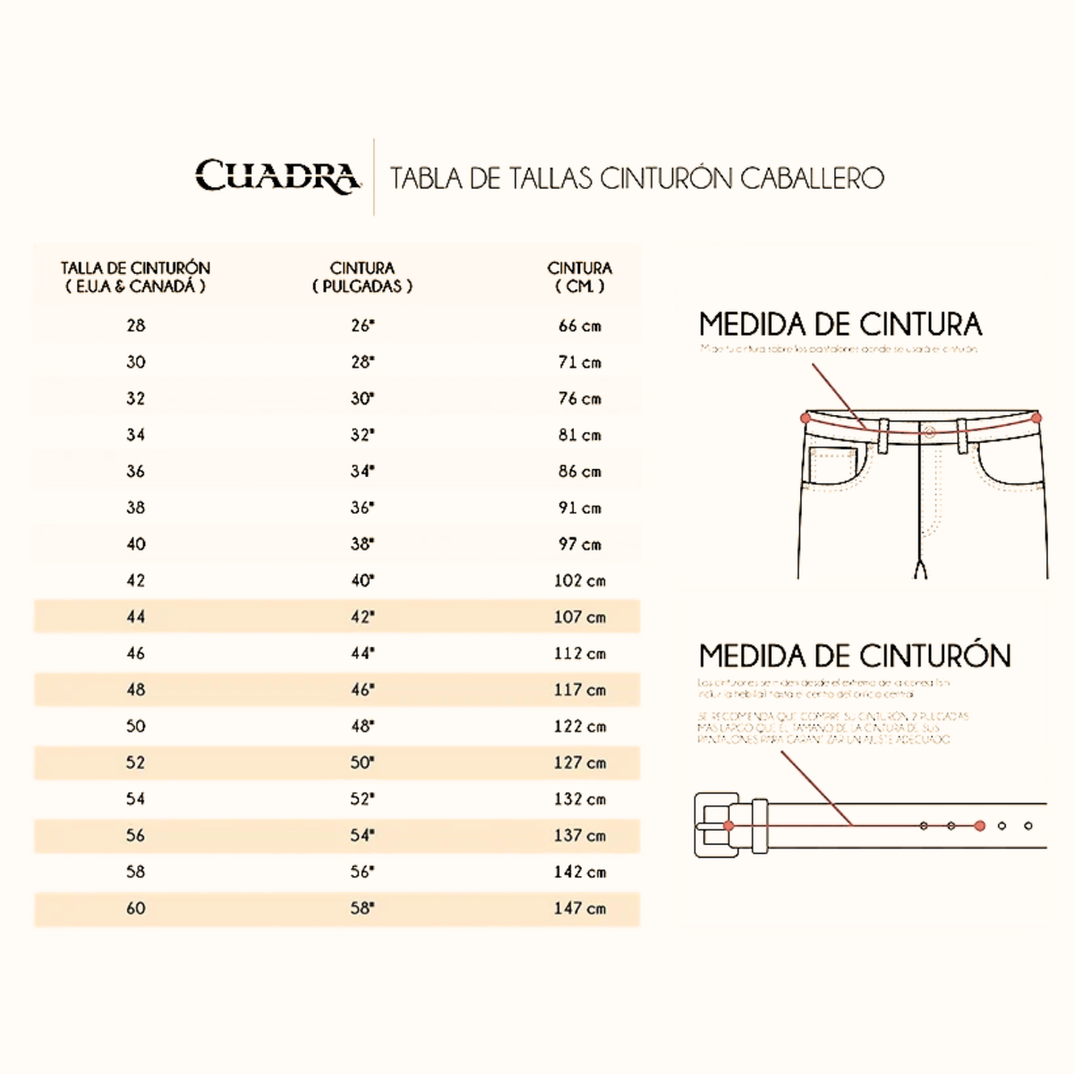 Cuadra men’s belt size chart