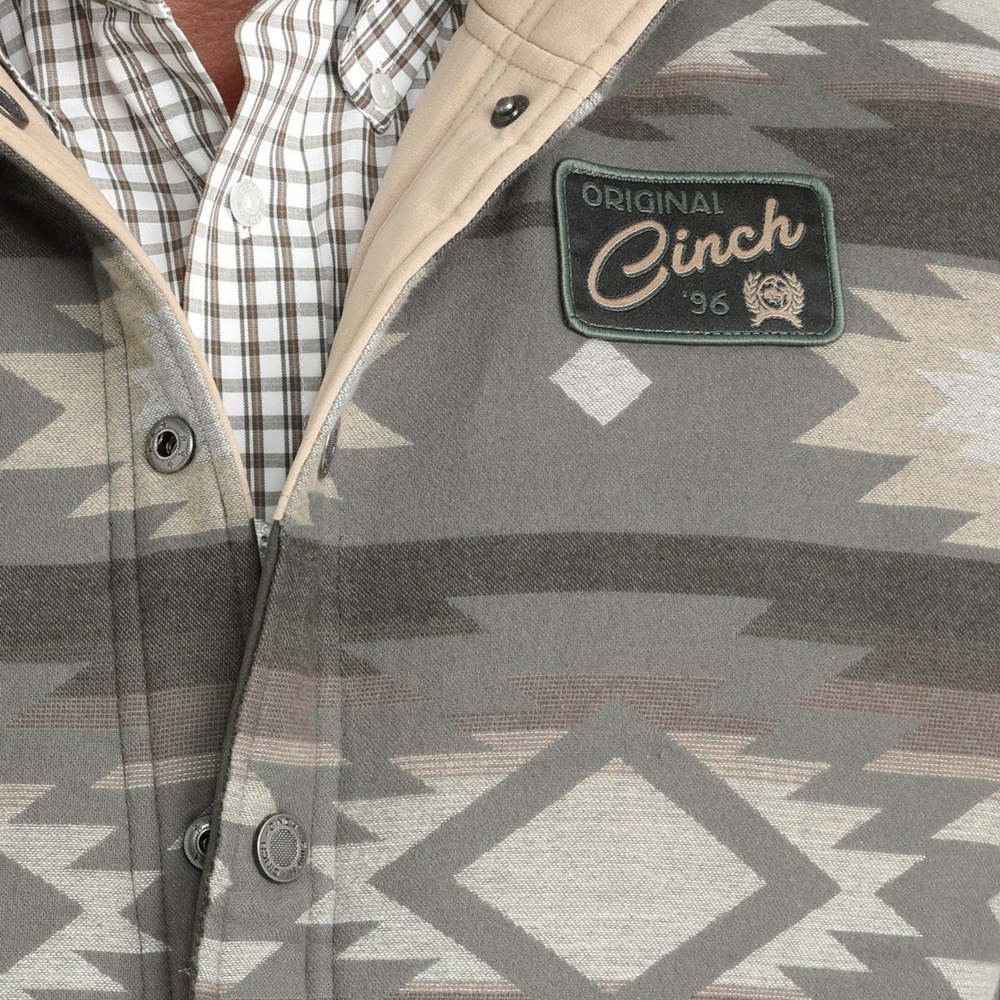 Close-up of Cinch Reversible Vest patterned fabric detail