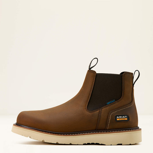 Ariat Rebar Wedge Chelsea Waterproof Work Boot side view in brown leather