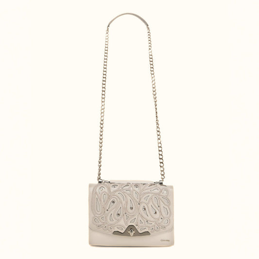 Cuadra Women’s Beige Bovine Leather Shoulder Bag Clutch front view in beige leather with crystal detail