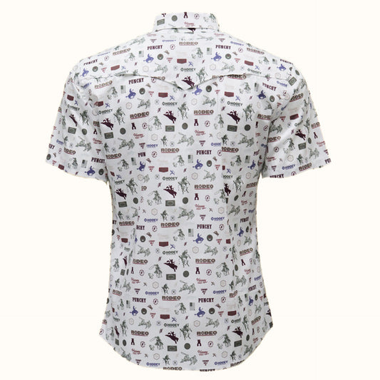 Hooey Maverick Short Sleeve Button Up Shirt back view in white with rodeo print