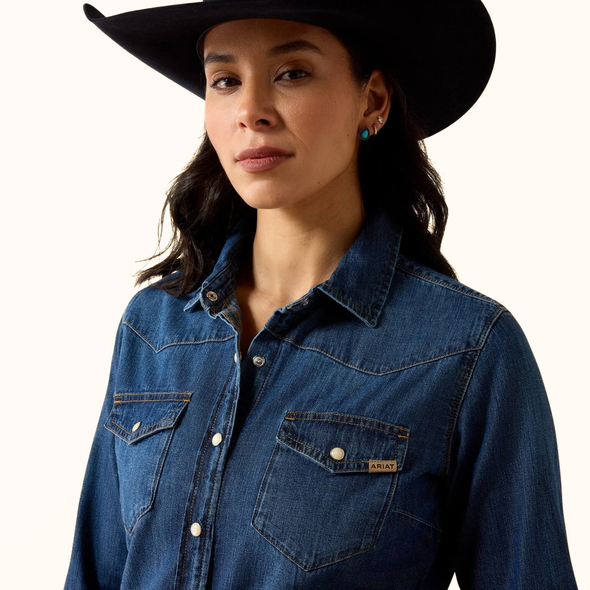 Ariat Farriady Denim Western Snap Shirt women’s front close-up view