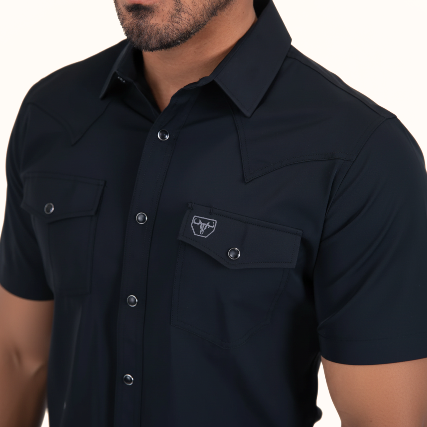 Close-up view of Platini Men’s Performance Western Short Sleeve Shirt collar and chest detail