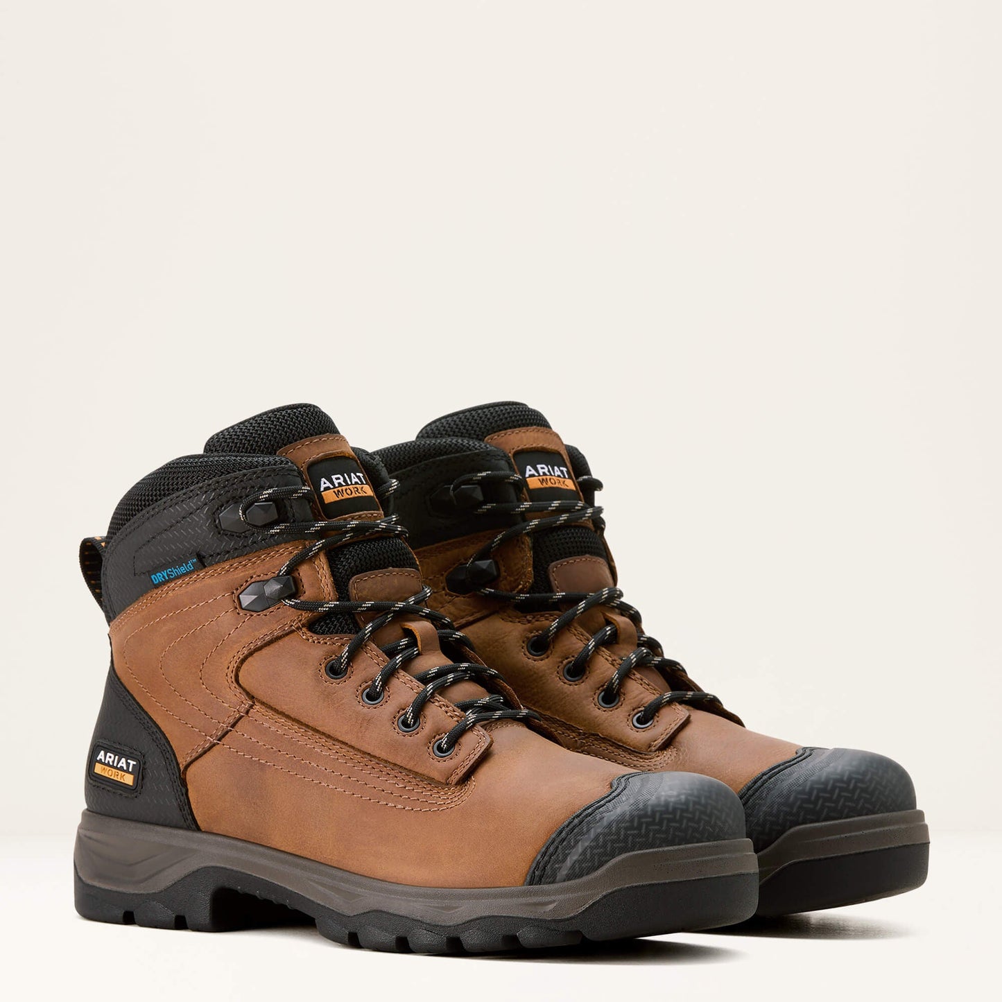 Pais of Ariat Turbo Duratread XTR 6 inch Waterproof Work Boot side profile in brown leather
