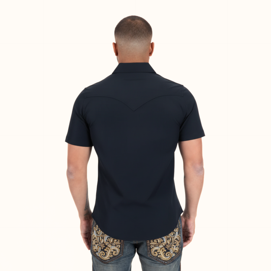Rear view of Platini Men’s Performance Western Short Sleeve Shirt in black