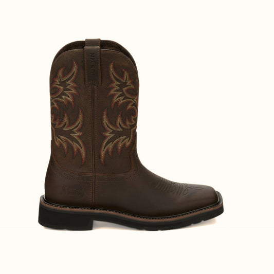 Side view of Justin Driller 11 Inch Work Boot in brown leather