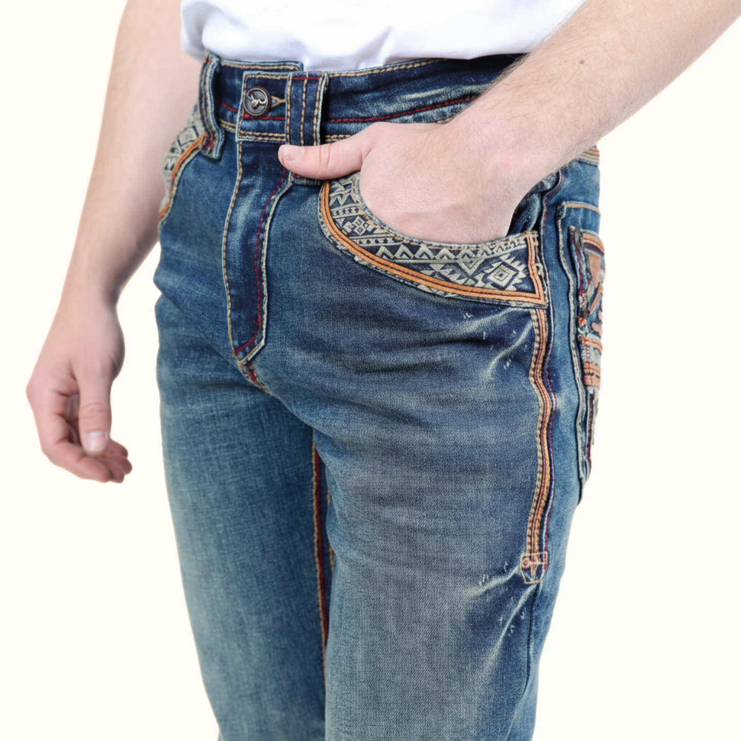 Front pocket detail of Platini Blue Holt slim boot cut jeans