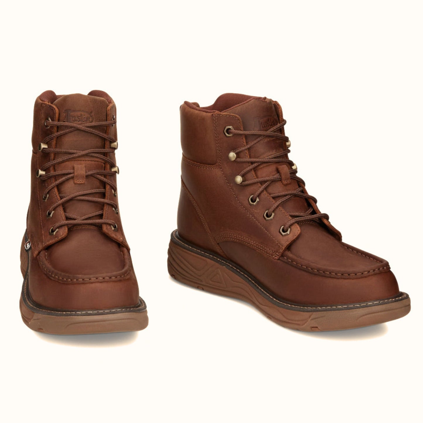 Justin Rush 6 inch Waterproof Wedge Work Boot angled front view in brown leather