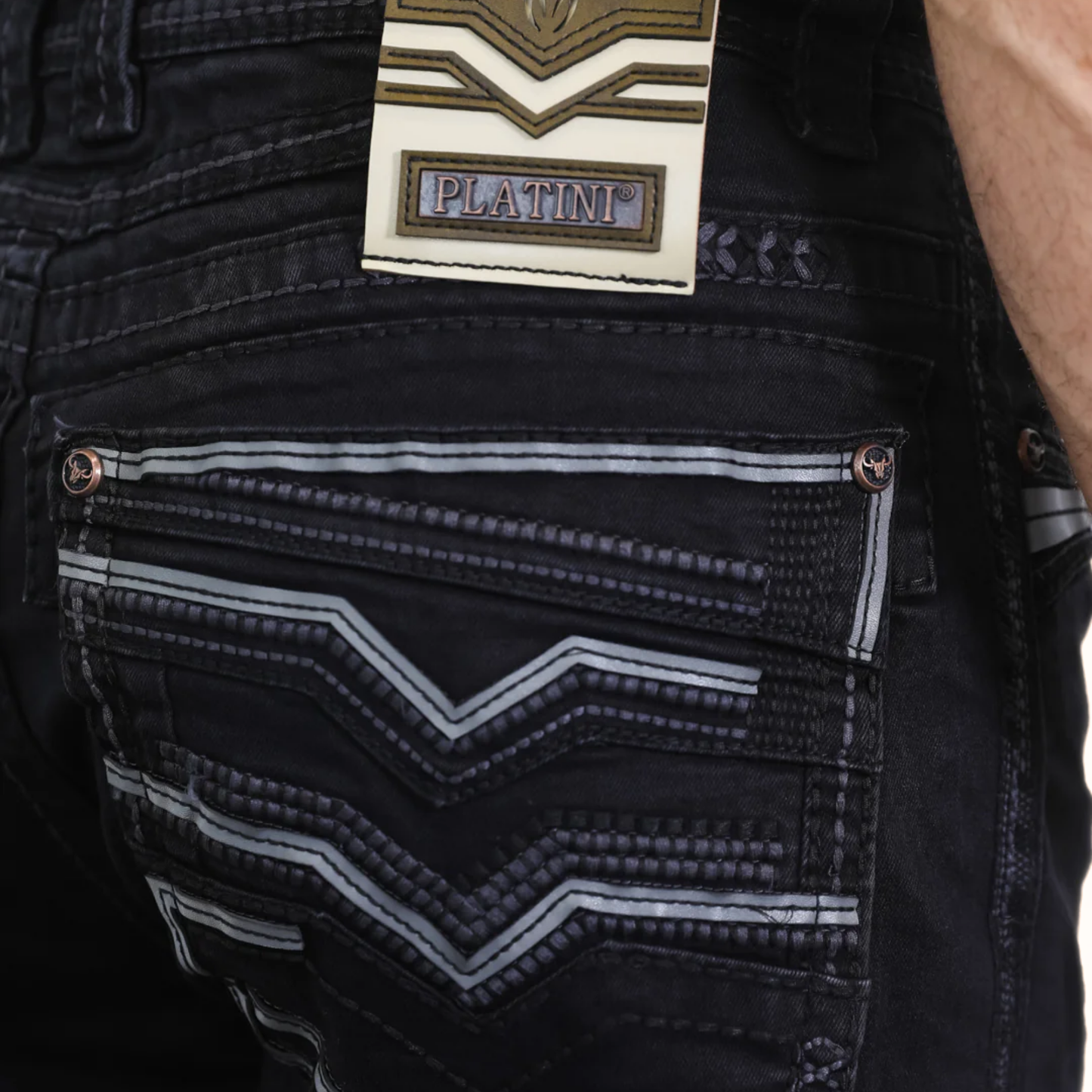 Rear pocket stitching detail on Platini Holt slim boot cut black jeans