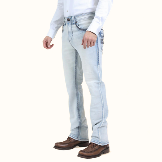 Platini Holt men’s ice blue slim boot cut jeans full-length side view