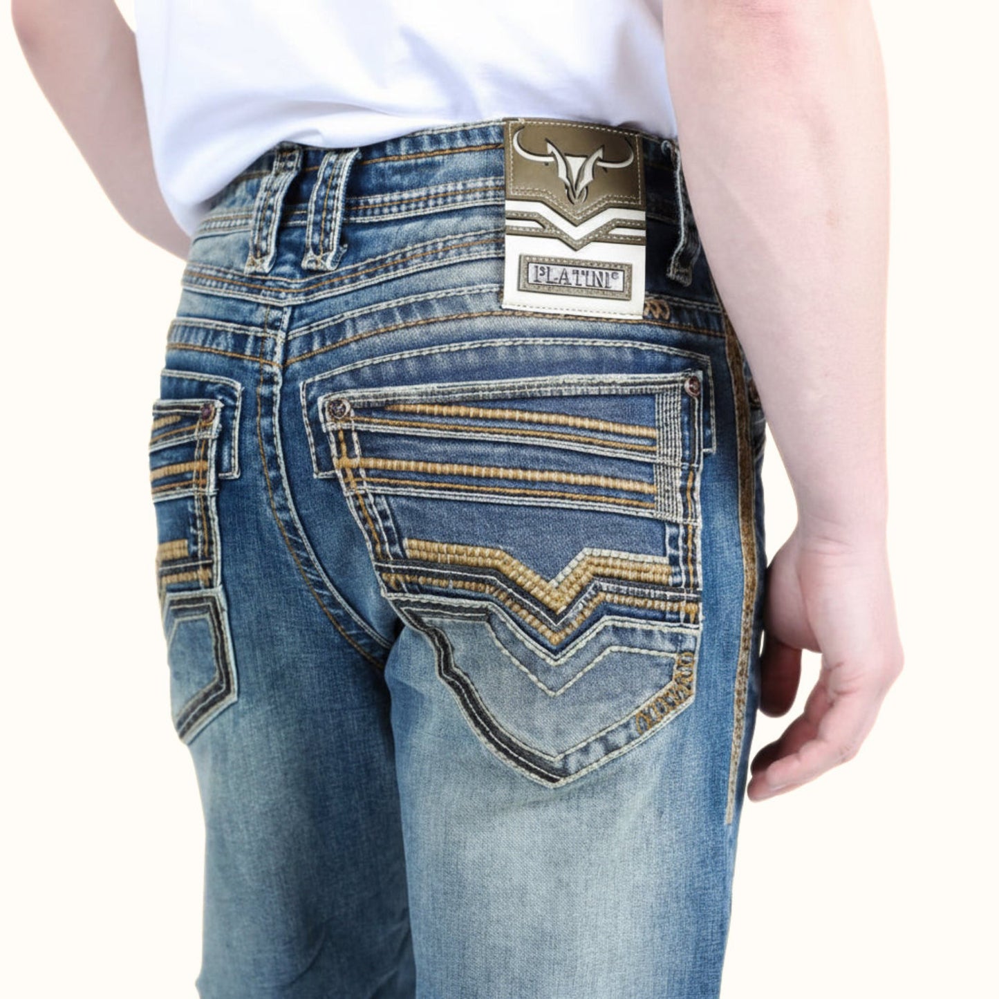 Back pocket detail of Platini Blue Holt slim boot cut jeans