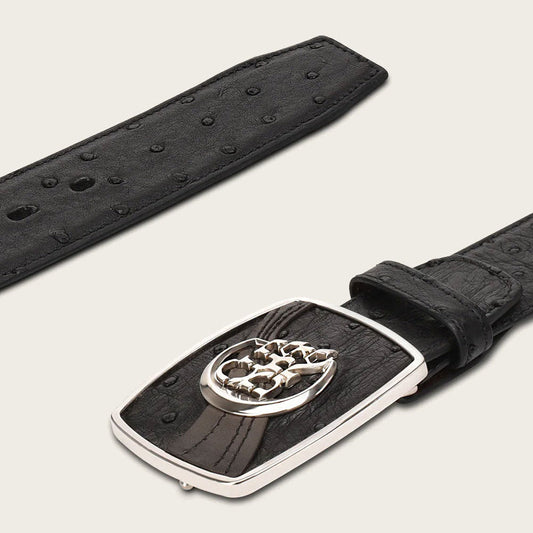 Black Engraved Ostrich Belt