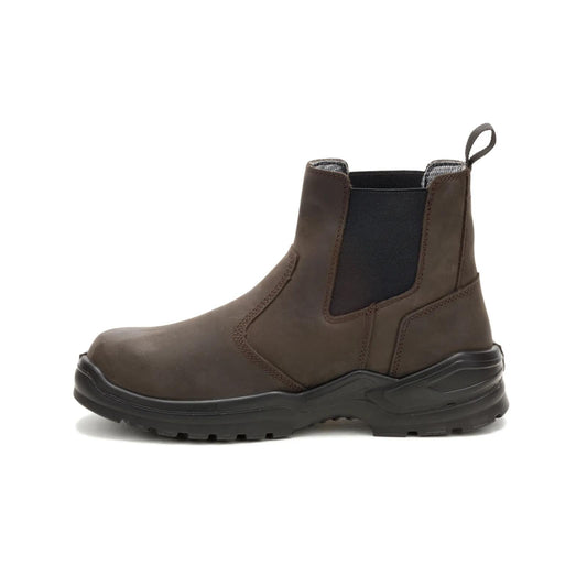CAT Striver Chelsea Waterproof Steel Toe Work Boot side view in brown leather