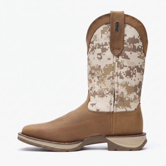 Durango Rebel Desert Camo Pull-On Western Boot side view in tan with desert camo shaft